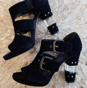 Stuart Weitzman Black Suede Clear Open Toe Heels